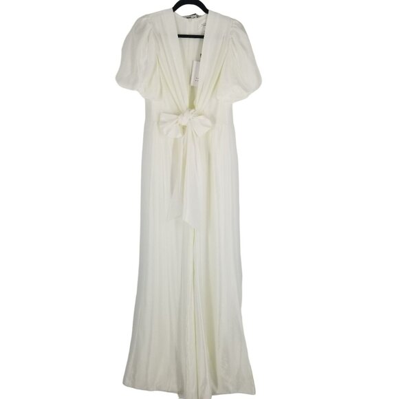 Galvan London Eden Deep V Wide Leg White Satin Bridal Jumpsuit Puff Sleeve Bride - Picture 11 of 16